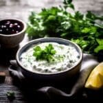 Tzatziki i en skål med färsk koriander och citron, samt en skål med oliver i bakgrunden.