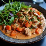 En skål med köttgryta innehållande köttbitar, morötter och svamp i en krämig sås.