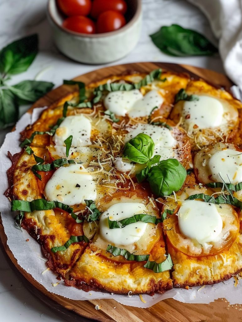 Supergod pizzasallad 12 Blomkålspizza med mozzarella, färsk basilika och tomater på en träskiva.