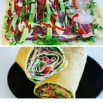 En äggwrap med grönsaker och kött, skuren i skivor och placerad på en svart tallrik.