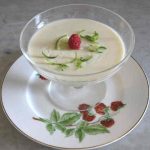 Kokos- och limepannacotta i en glasskål med en hallon och limezest på toppen.