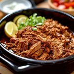 Skål med pulled pork toppad med koriander och limeklyftor.
