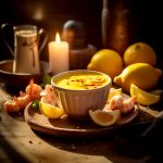 En skål med saffransaioli omgiven av räkor, citroner och en tänd ljus.