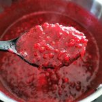 Spoonful of sugar-free lingonberry jam in a pot, showing a thick, red texture with bubbles.