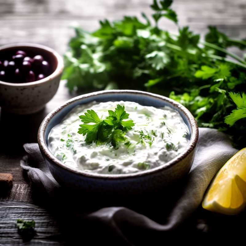 Grönkål- och avokadoröra 10 Skål med tzatziki garnerad med färsk persilja, citron och oliver i en liten skål.