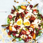 En tallrik med LCHF-sallad som innehåller ägg, grönsaker och dressing.