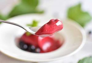 En sked med svartvinbärssorbet som hänger över en skål med sorbet och bär.