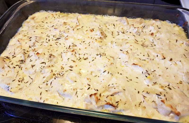 Abborre med crème fraiche, purjolök och parmesan