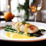 En tallrik med fiskfilé serverad på sparris med en gul sås och ett glas vin i bakgrunden.