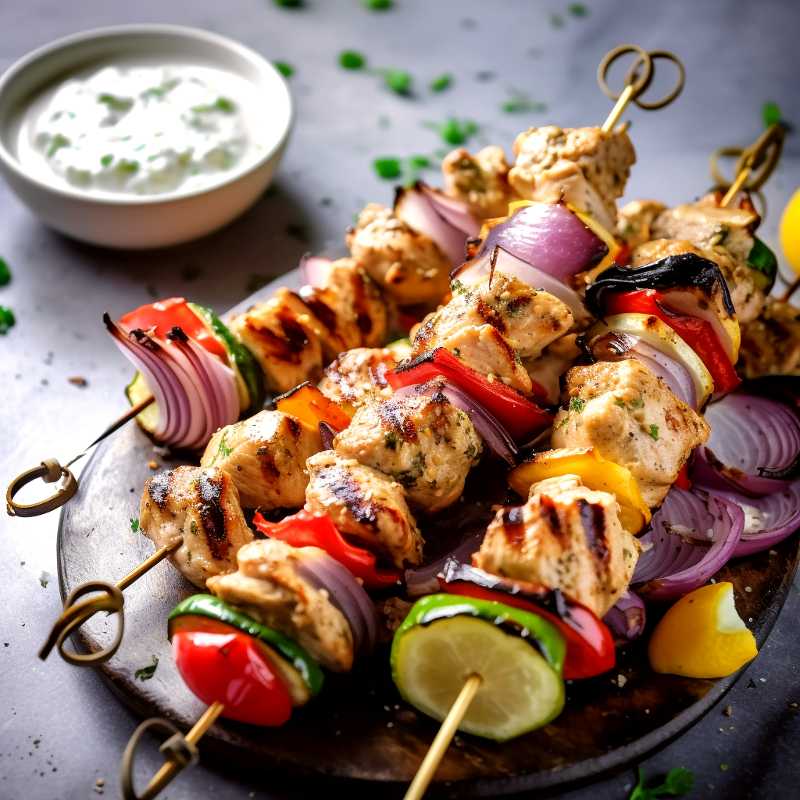 Grekiska kycklingspett 5 Grillade grekiska kycklingspett på en tallrik.