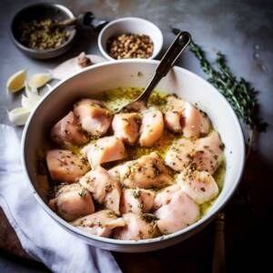 Marinerade kycklingbitar i en skål med örter och olja, förberedda för matlagning.