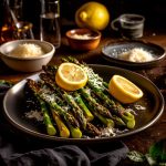 Grillad sparris med citronskivor och riven parmesanost på en svart tallrik.