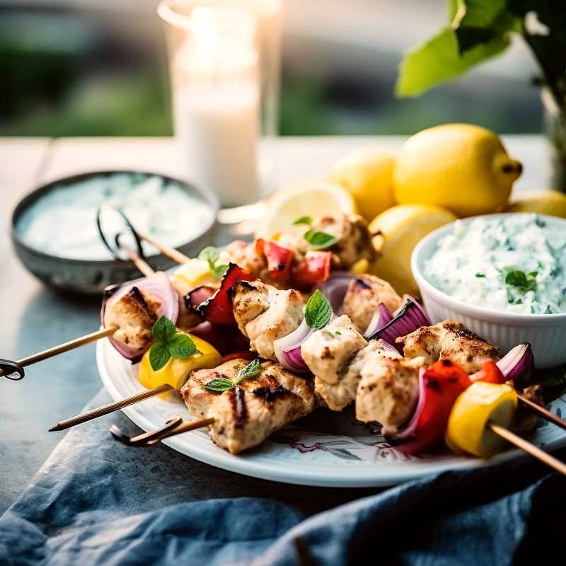 Tzatziki 6 En tallrik med nygrillade kycklingspett och en skål med tzatziki vid sidan av.