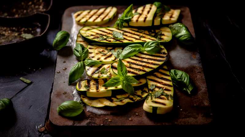 Grillad zucchini 4 Grillad zucchini på en stekhäll med färsk basilika uppe på.