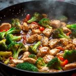 En stekpanna med kyckling, broccoli och paprika i en sås, ångande och med sesamfrön.