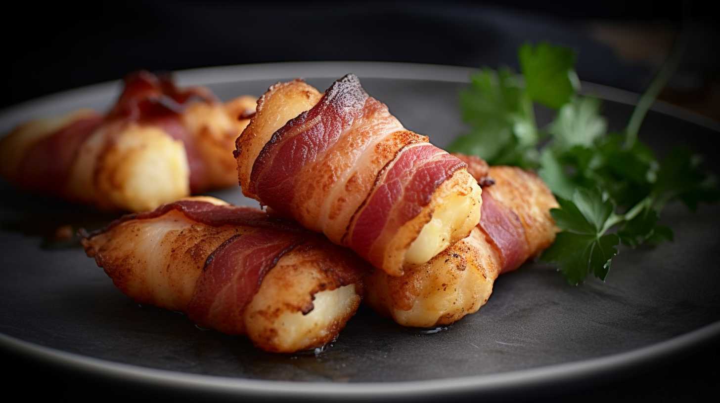 Baconlindad halloumi 3 Baconlindad halloumi på en mörk tallrik.