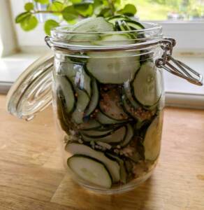 Glasburk med skivade gurkor och senapsfrön inlagda i en vätska.