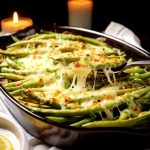 En ugnsform med gratinerade haricots verts täckta med smält ost.