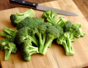 Grön broccoli skuren i bitar på en träskärbräda med en kniv i bakgrunden.