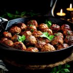En stekpanna med köttbullar dekorerade med färsk persilja, belyst av ljus.