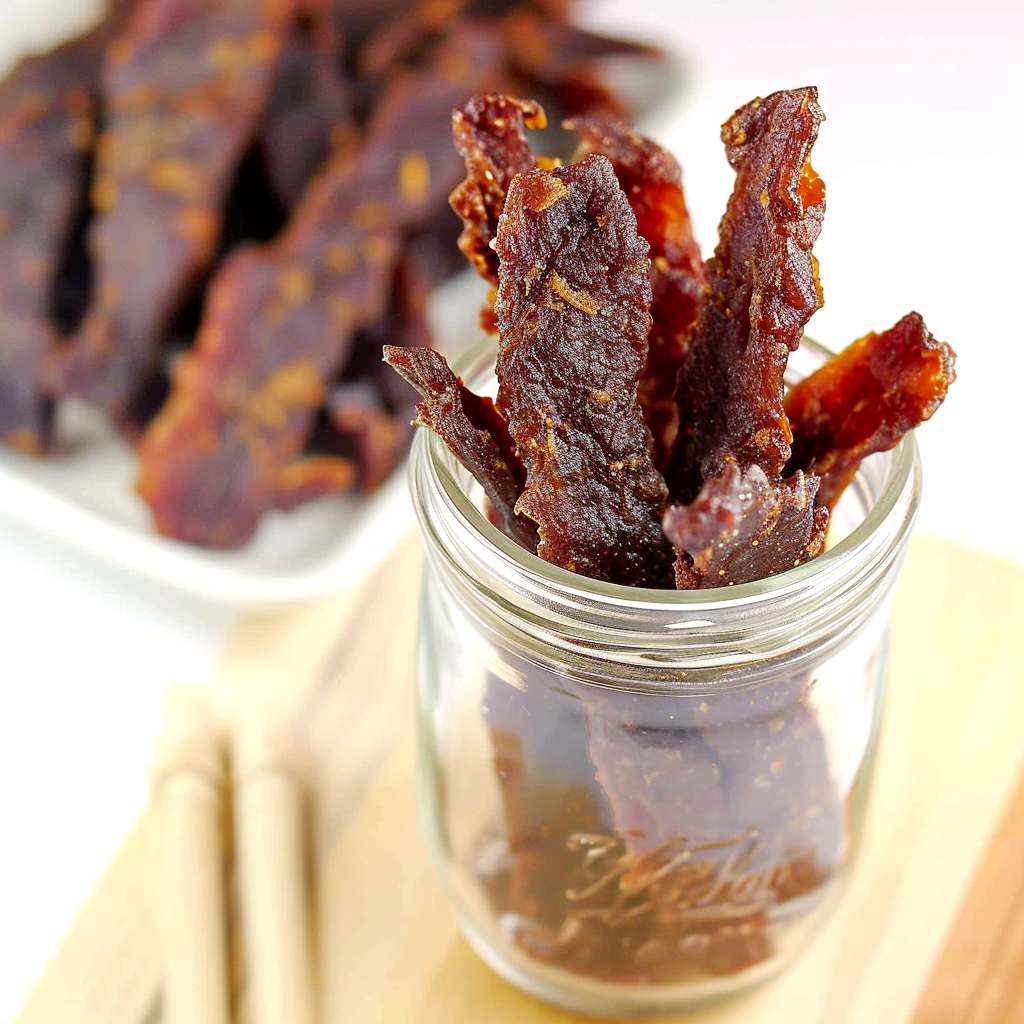 Beef jerky 3 Beef jerky stående i en glasburk.