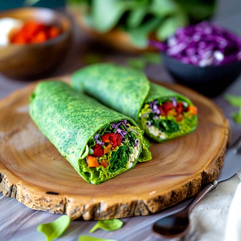Spenatwrap 3 Spenatwrap fylld med massor av grönsaker på en träbricka.