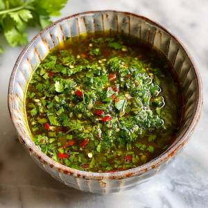 En skål med chimichurri sås innehållande grön koriander, röd chili och olja.