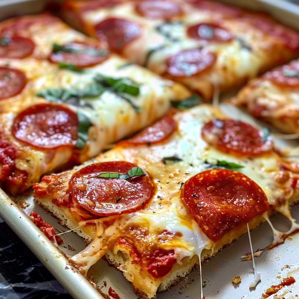 Pizza - Blomkålsbotten 6 En plåt med panpizza som har skivor av pepperoni och smält ost på toppen.
