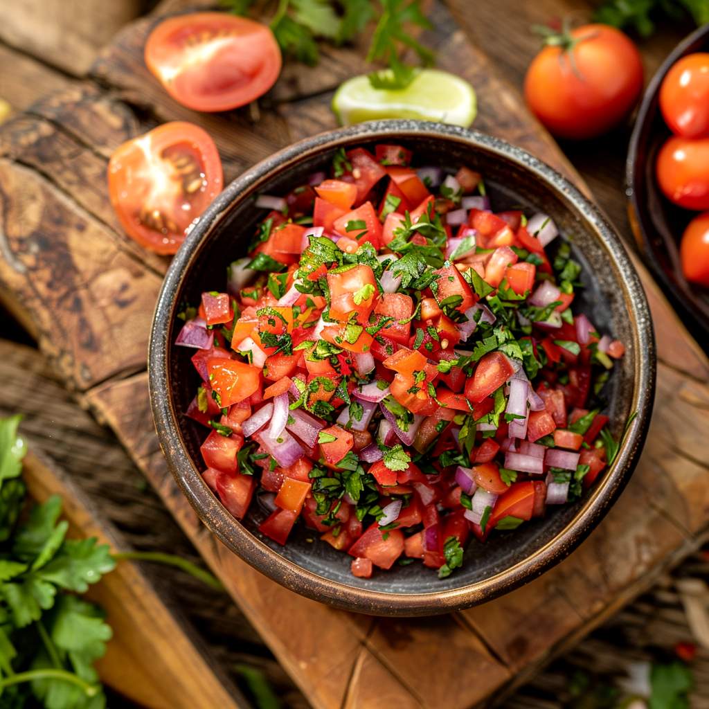 pico-de-gallo-1 En skål med nygjord Pico de gallo sedd uppifrån på en träbräda.