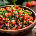 Skål med pico de gallo som innehåller hackade tomater, lök och koriander.