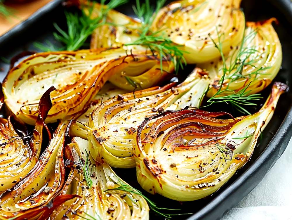 Chilimorötter 5 Ugnsrostad lök skuren i halvor, placerad på en plåt med dill och kryddor.