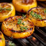 Grillade citronskivor med timjan på en grill, med en gyllene yta.