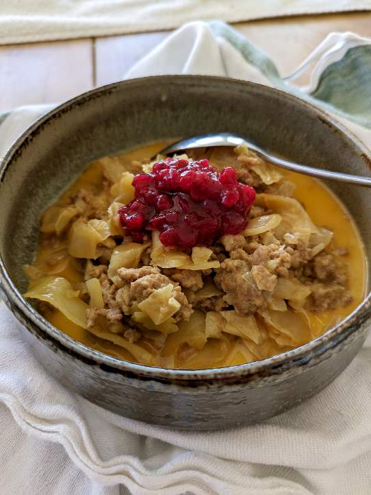Sukrin Gold – mitt bästa alternativ till farinsocker 7 Skål med köttfärs, kål och lingon på toppen, serverad med en sked.
