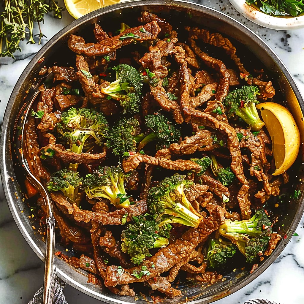 Citron- och vitlöksstekt biff och broccoli Citron- och vitlöksstekt biff och broccoli
