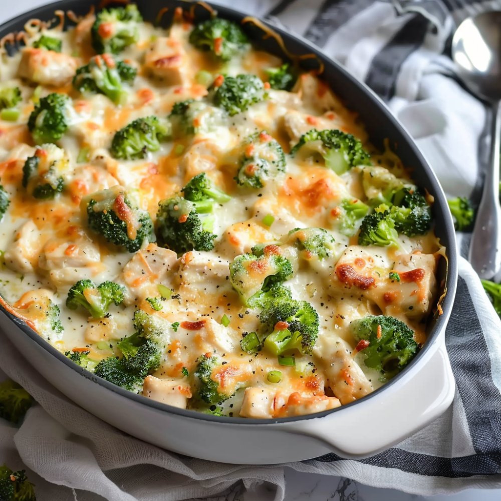 Ost- och broccolibiffar 7 En gratinerad rätt med kycklingbitar och broccoli i en ugnsform.