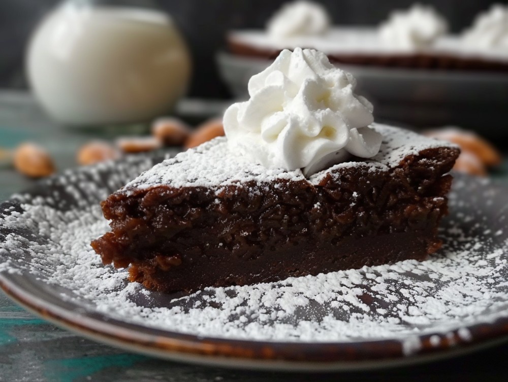 Rulltårta med hallon 10 En bit sockerfri kladdkaka med grädde på en tallrik, dekorerad med florsocker.