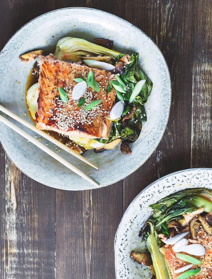 Teriyakilax med pak choi 7 Tallrik med teriyaki lax, pak choi och svamp, garnerad med sesamfrön och grön lök.