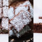 Kaka med choklad och kokosflingor på en plåt, skuren i bitar.