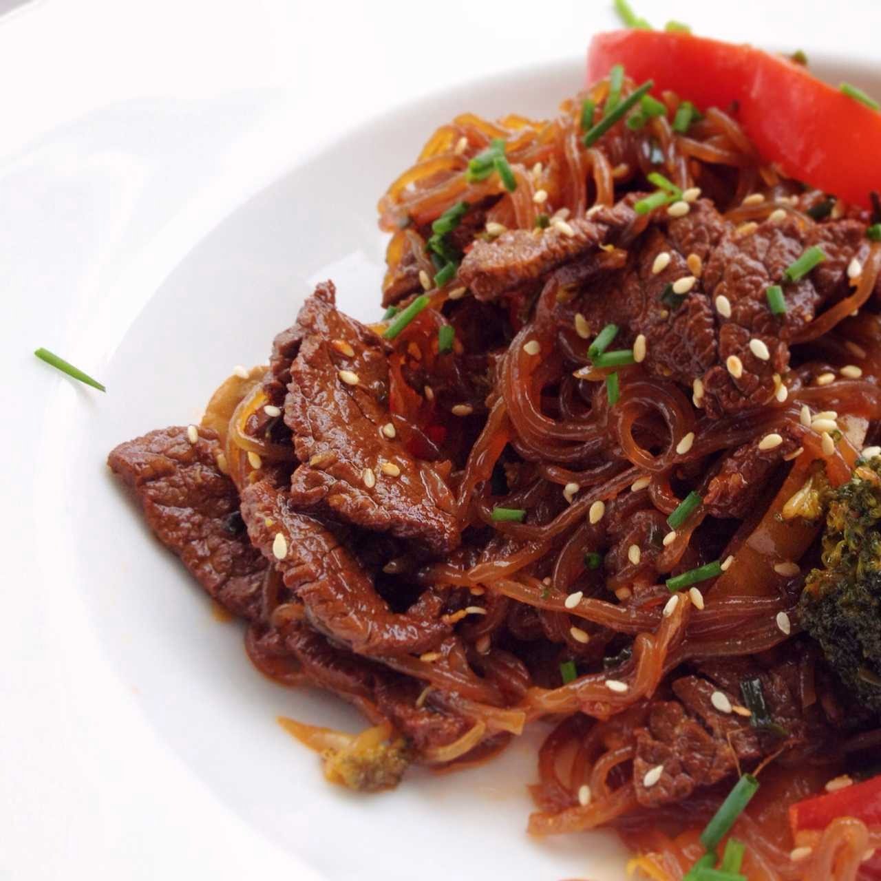 Biffwok med shiratakinudlar Biffwok med shiratakinudlar